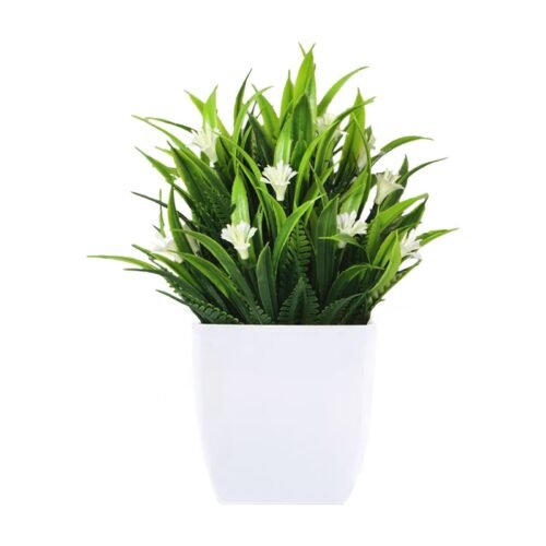 Small Artificial Potted Plant with Flowers – Green